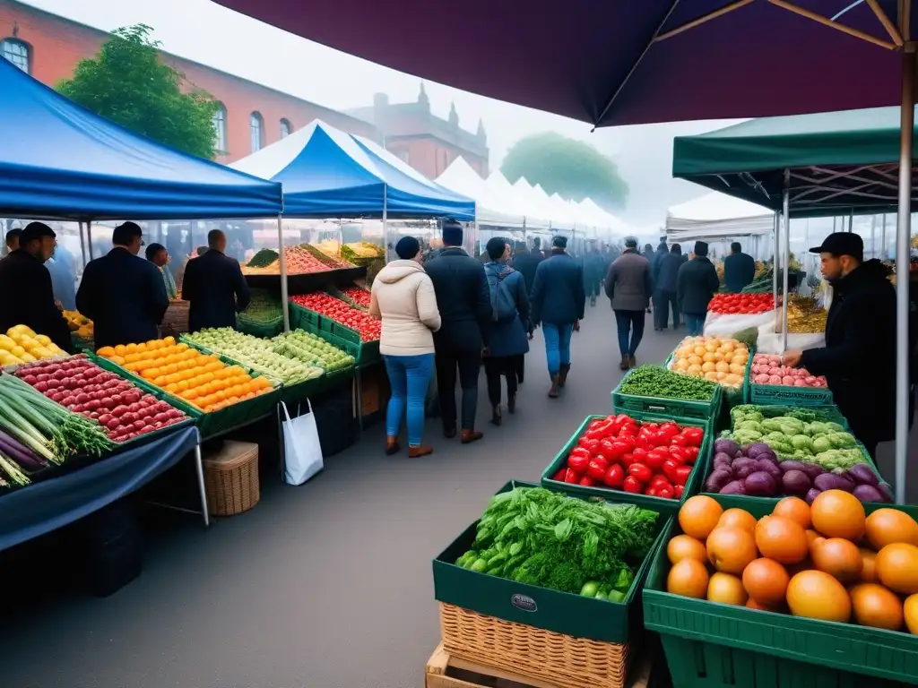 Un animado mercado agrícola rebosante de productos frescos y coloridos, reflejando el crecimiento de la comunidad vegana local