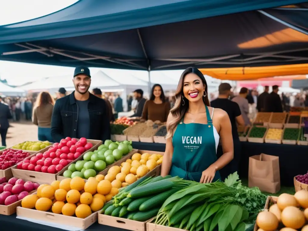 Un animado mercado tradicional con emprendedores veganos sonrientes mostrando productos innovadores en coloridos puestos decorados