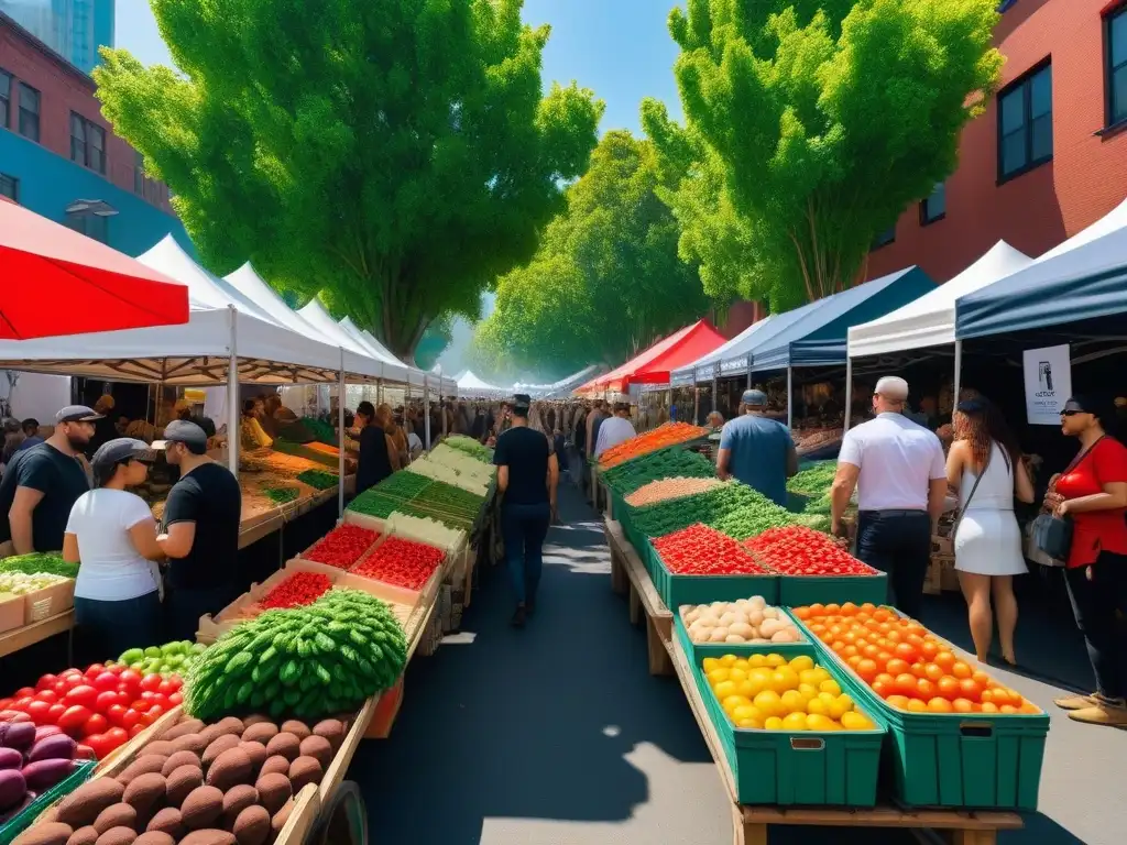 Un animado mercado vegano en América del Norte, con productos frescos, comida callejera y diversidad, reflejando la comunidad vegana