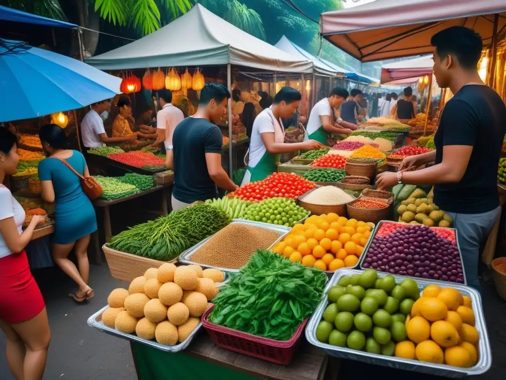 Animado mercado vegano tailandés con coloridas frutas, verduras y platos de street food