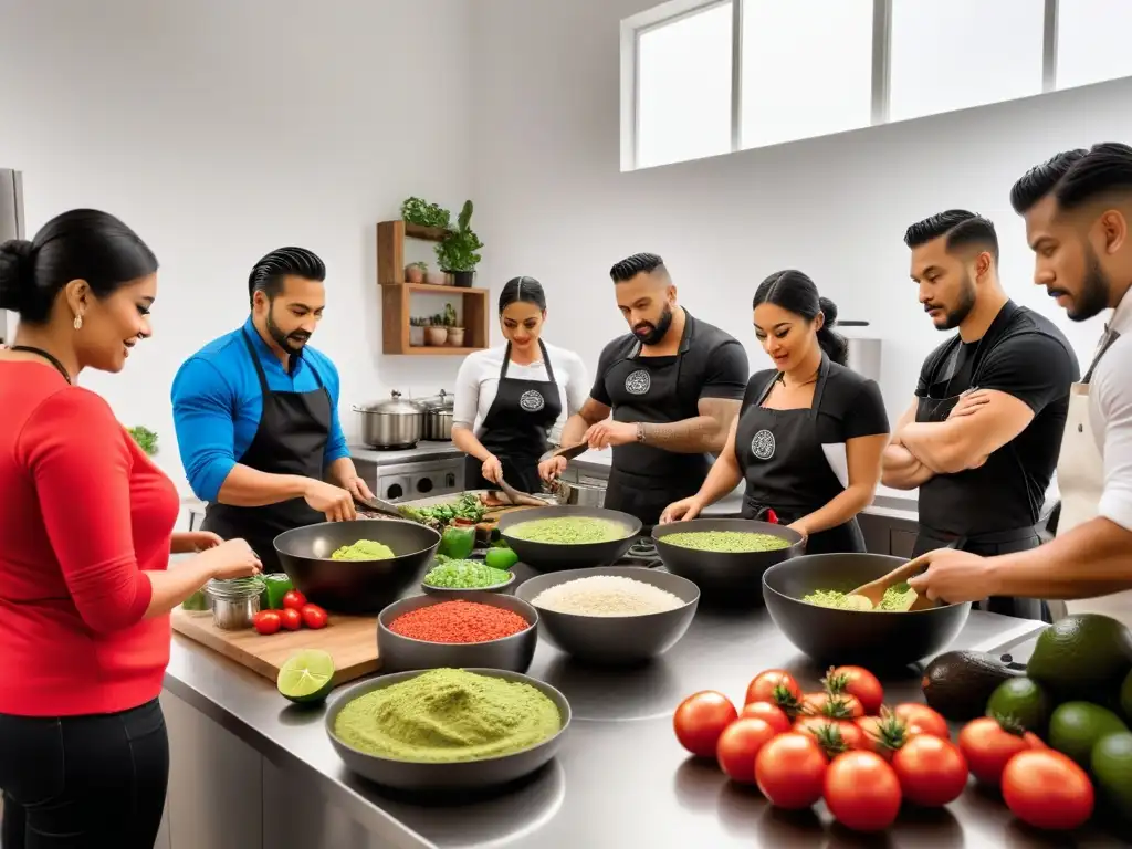 Animado taller de cocina vegana mexicana con participantes diversos aprendiendo técnicas culinarias