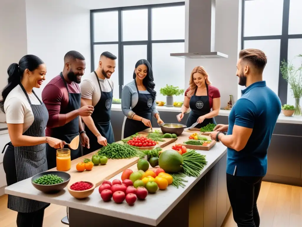 Un animado taller de cocina vegana con diversidad de personas sonrientes preparando platos coloridos y saludables juntos en una cocina moderna y luminosa