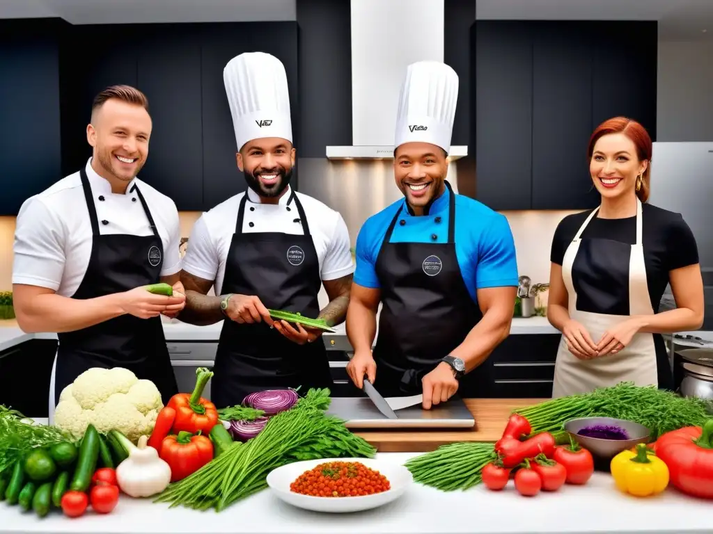 Un animado taller intensivo de cocina vegana, donde un diverso grupo cocina juntos en una cocina moderna y llena de vida