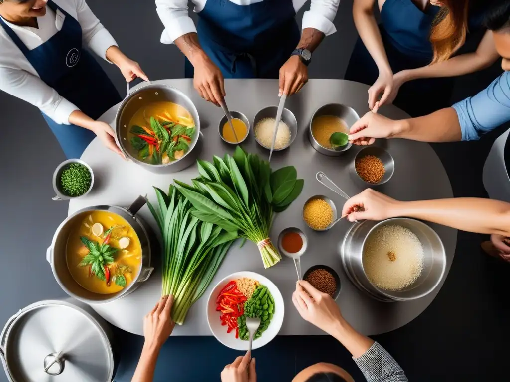 Apasionante taller de cocina tailandesa vegana con participantes entusiastas y chef experto en ambiente vibrante y colorido