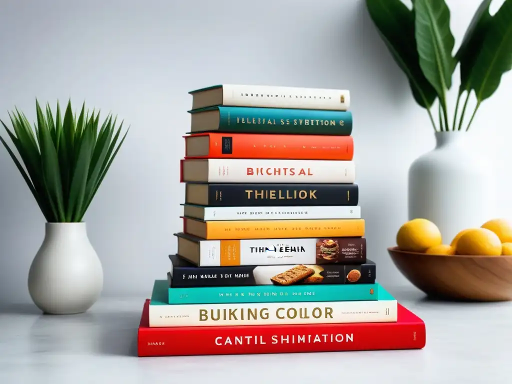 Una apetitosa pila de libros de repostería vegana recomendados, organizados con armonía y colores vibrantes en una cocina moderna