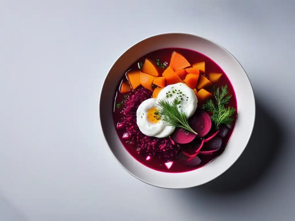 Una apetitosa receta de borscht vegano fácil en un bol moderno y vibrante, con verduras coloridas y crema agria sin lácteos