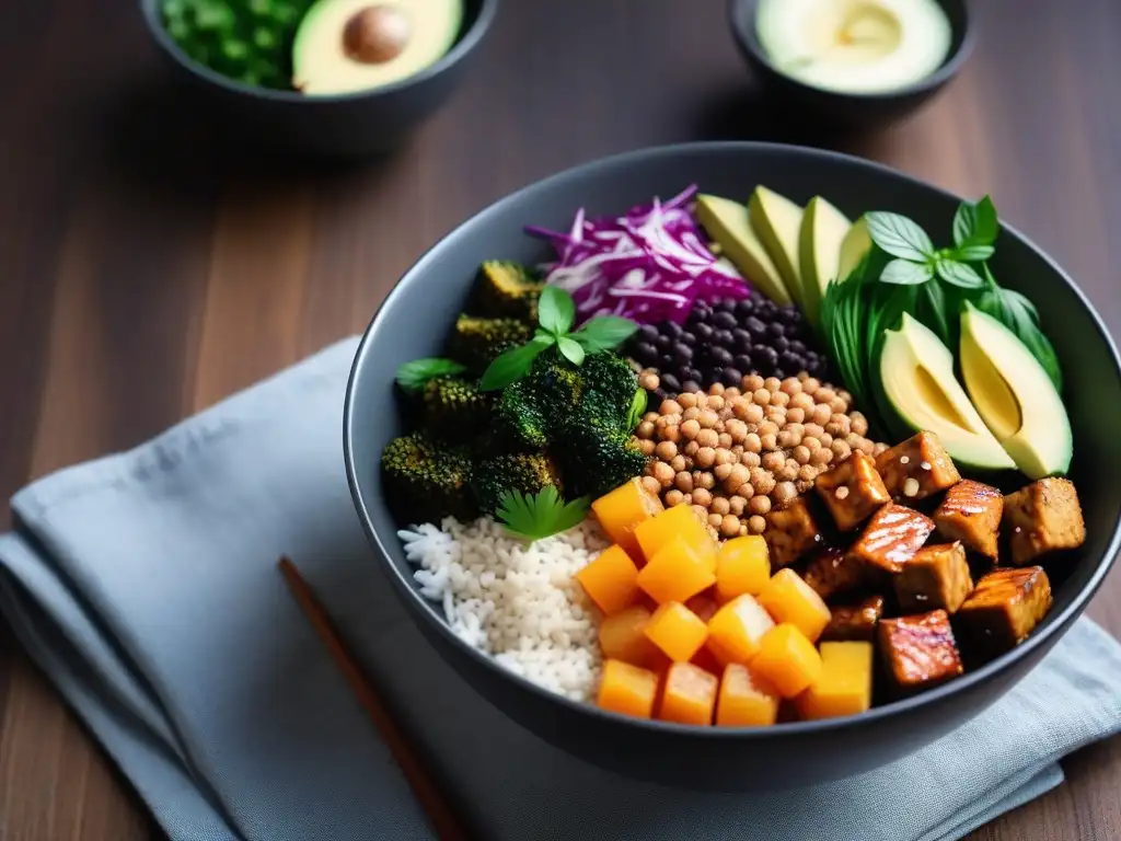 Un apetitoso bol de Buda vegano con tempeh y hierbas frescas, resaltando los beneficios del tempeh en la dieta vegana