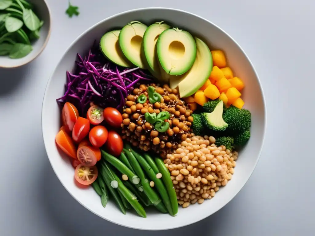 Un apetitoso bowl vegano colorido con ingredientes frescos y variados, sobre fondo claro