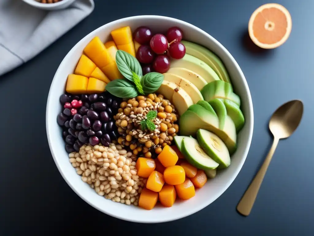 Un apetitoso bowl vegano equilibrado con frutas, verduras y legumbres de colores vibrantes, perfecto para una dieta saludable