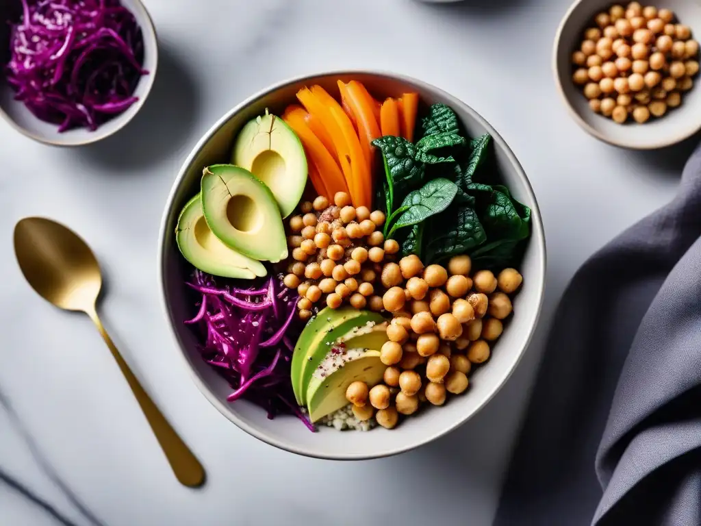 Un apetitoso bowl vegano con vegetales frescos y quinoa, cubierto de aderezo de tahini, sobre encimera de mármol