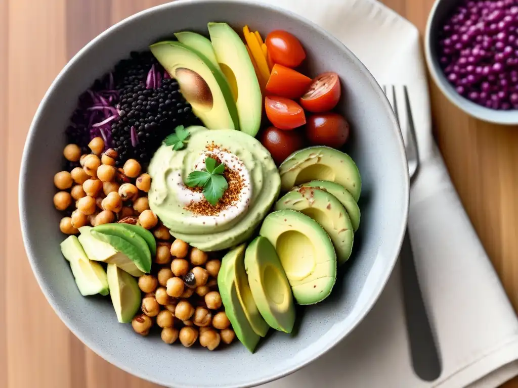 Un apetitoso Buddha bowl vegano con quinoa, vegetales asados, aguacate, garbanzos y aderezo de tahini