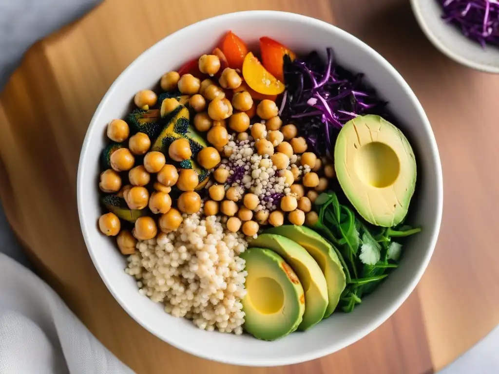 Un apetitoso Buddha bowl vegano sin gluten con ingredientes frescos y coloridos en un elegante recipiente blanco sobre encimera de mármol oscuro