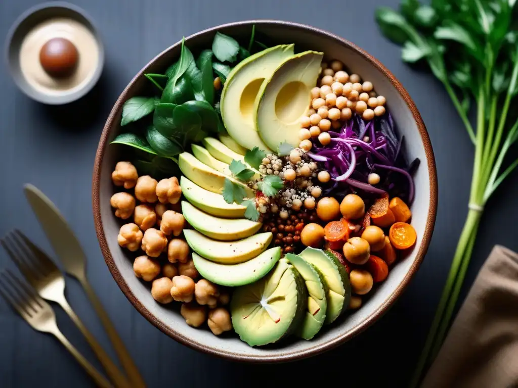 Un apetitoso Buddha bowl vegano para pérdida de peso con ingredientes coloridos y nutritivos, en una atmósfera fresca y saludable