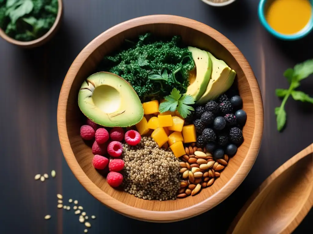 Un apetitoso Buddha bowl vegano con superalimentos coloridos como quinoa, aguacate y semillas de chía