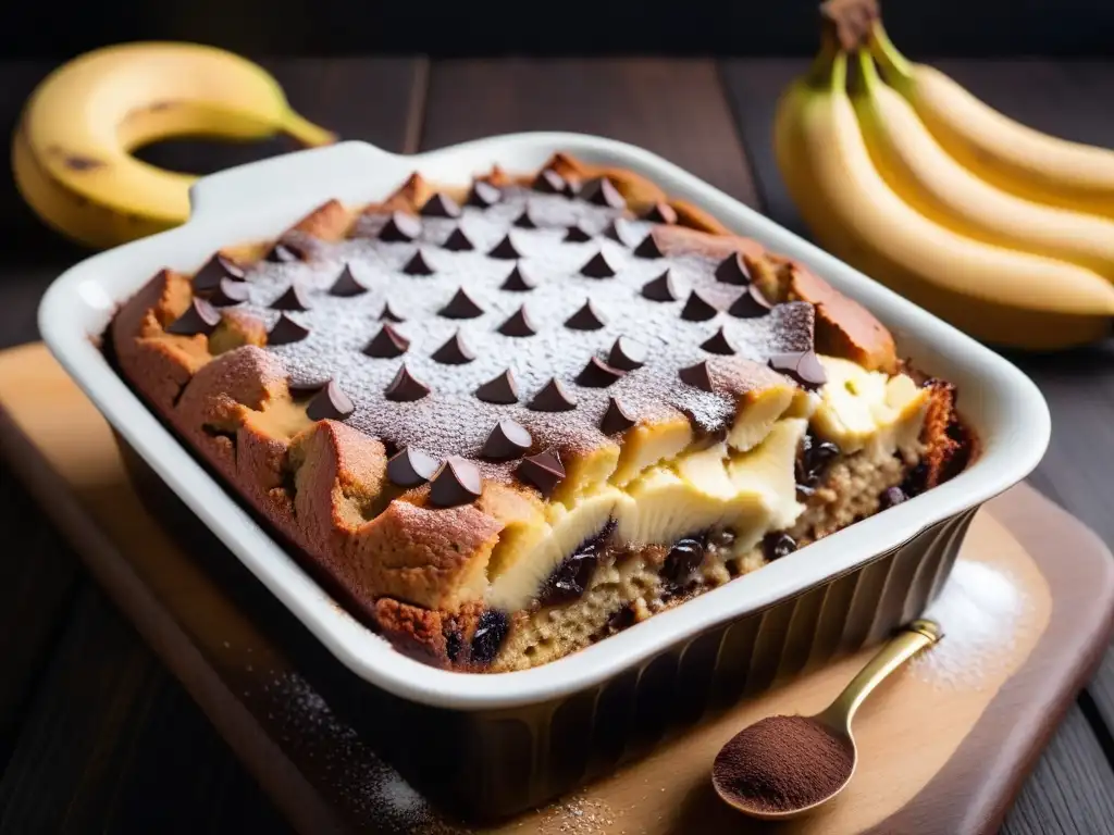 Un apetitoso budín vegano de chocolate y plátano recién horneado, con una costra dorada y decorado con plátano y chocolate