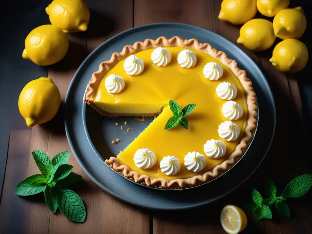 Un apetitoso Lemon Pie vegano sostenible con limones frescos y menta, sobre mesa rústica