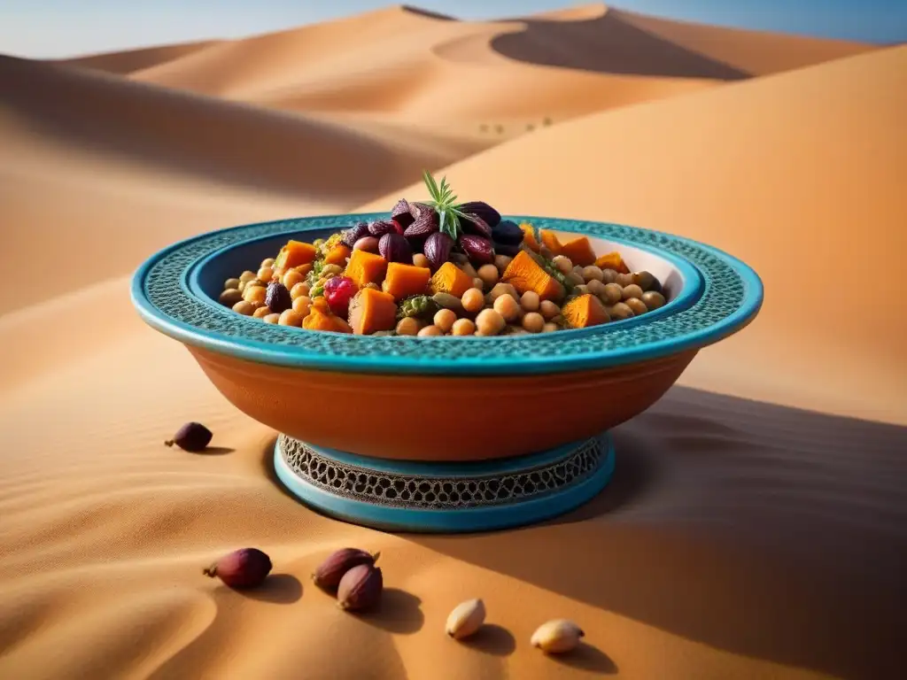 Un apetitoso tagine vegano tradicional del Sahara con garbanzos, batatas y frutos secos, bajo un cielo azul