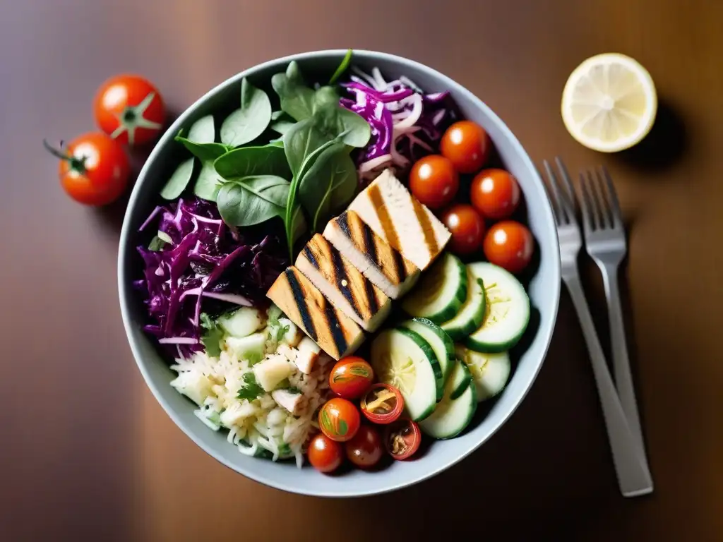 Un apetitoso tazón de ensalada vegana con tofu a la parrilla y aderezo de limón