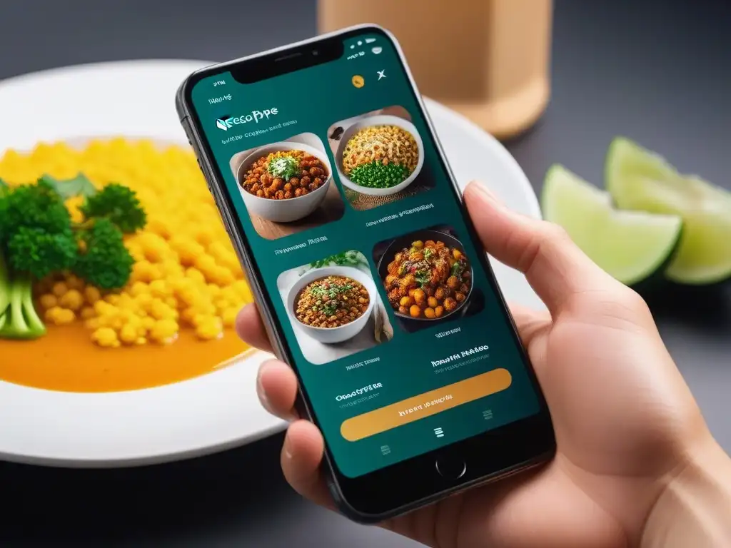 Una aplicación de cocina vegana fácil y rápida con recetas coloridas y detalladas en un smartphone moderno y elegante