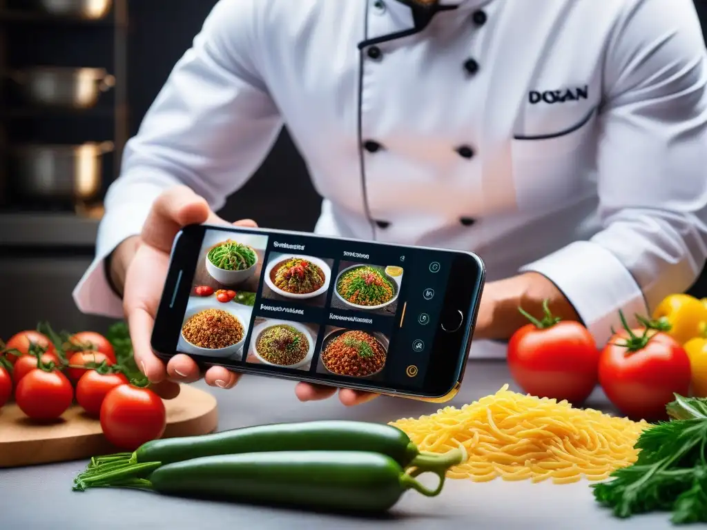 Una aplicación de cocina vegana fácil y rápida en un smartphone moderno con recetas vibrantes y detalladas