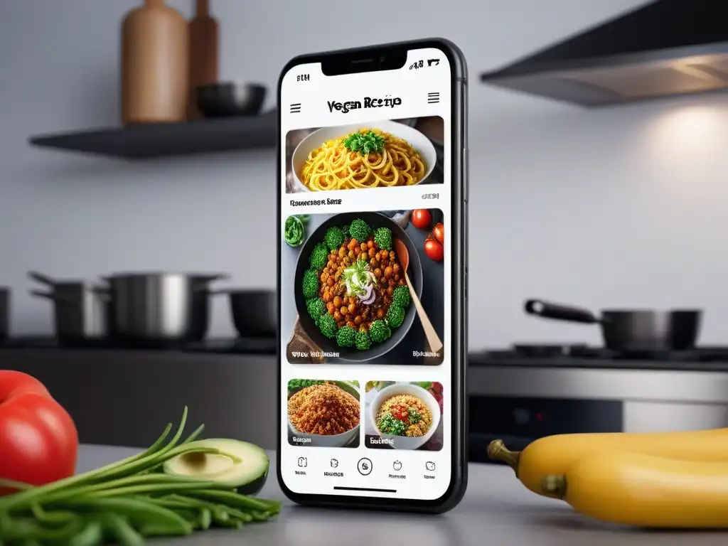 Una aplicación para cocina vegana saludable con recetas coloridas y fáciles de seguir en un moderno smartphone