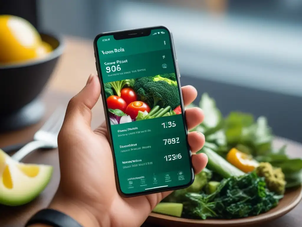 Una aplicación revolucionaria de dieta vegana personalizada con diseño moderno y herramientas de seguimiento nutricional en pantalla de smartphone