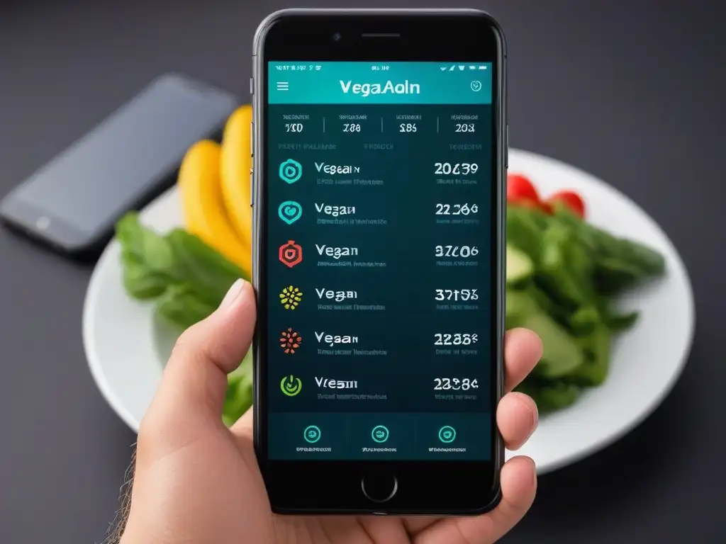 Aplicaciones para superar desafíos veganos: una pantalla de smartphone muestra apps de fitness veganas con diseño moderno y funcionalidades amigables