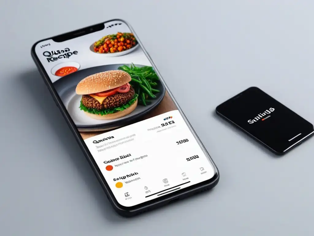 Aplicaciones móviles para cocina vegana: Interfaz vibrante con recetas veganas detalladas y coloridas en un smartphone elegante