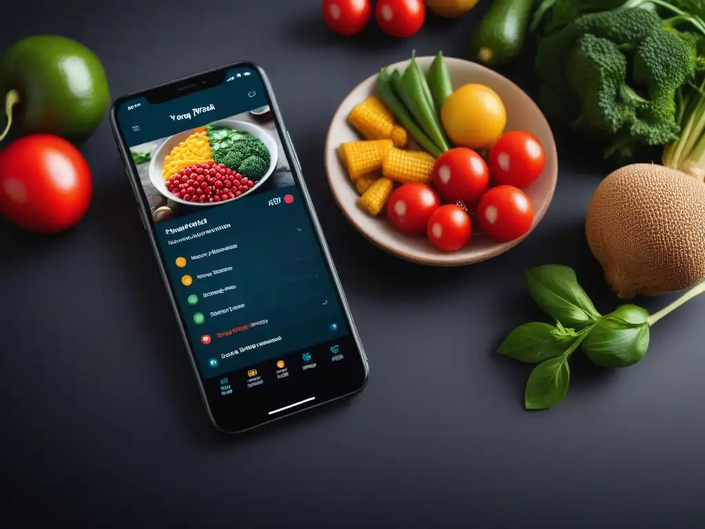 Explora la app cocina vegana para foodies con iconos vibrantes y nutrientes detallados en pantalla de smartphone