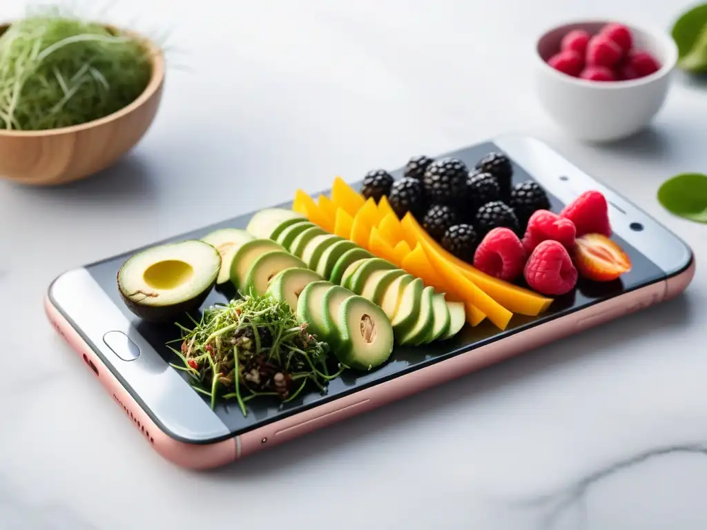 Una app de cocina vegana en un smartphone moderno con recetas coloridas y detalladas