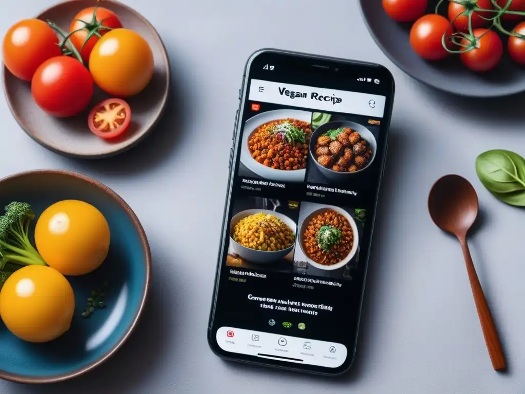 Una app de recetas veganas cena fácil con imágenes vibrantes y deliciosas instrucciones en un moderno smartphone en una cocina elegante