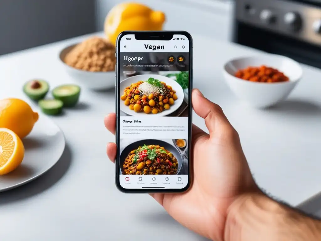 App vegana de recetas exóticas en smartphone moderno Una app de recetas veganas exóticas con diseño sofisticado y platos coloridos