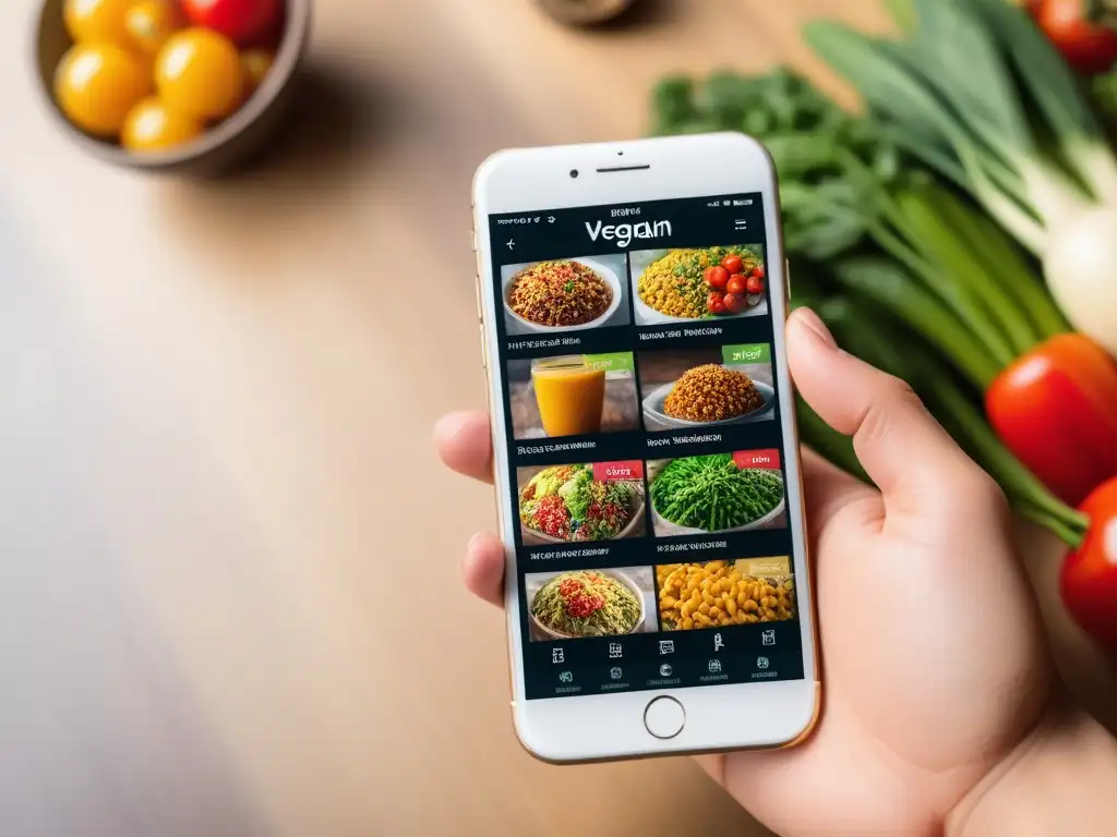 Una app revolucionaria de dieta vegana personalizada en una pantalla de smartphone con sugerencias de comidas coloridas y opciones de personalización de ingredientes en una cocina moderna y vibrante