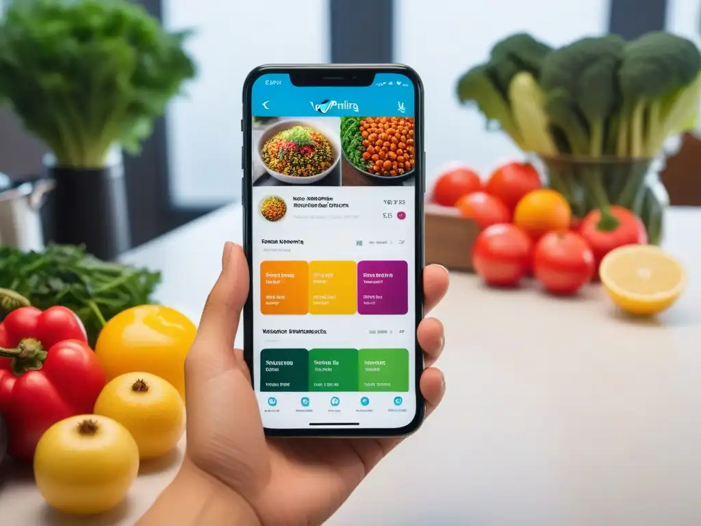 App de nutrición vegana para balancear comidas con interfaz vibrante y detallada en smartphone en cocina moderna