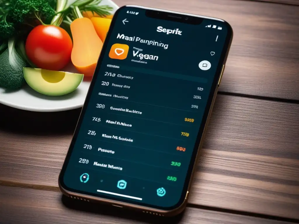 Una app vegana para conteo de calorías con menús detallados y diseño moderno en un smartphone de alta resolución