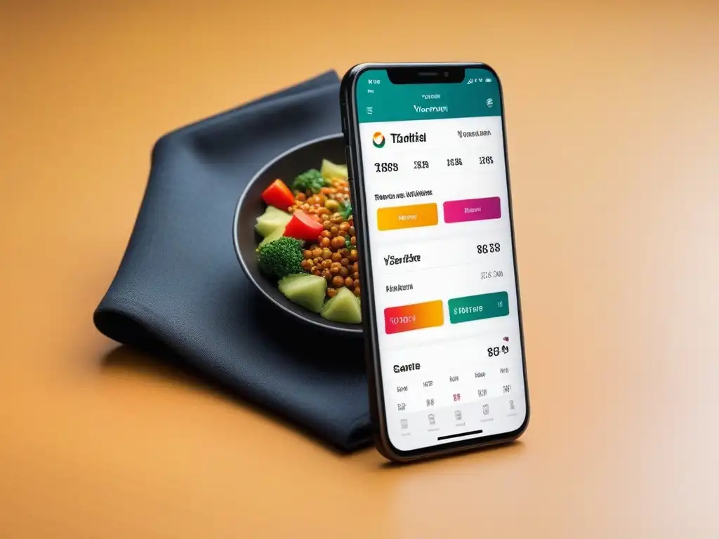 App vegana para conteo calorías: interfaz colorida y moderna en un smartphone, con gráficos detallados de alimentos a base de plantas