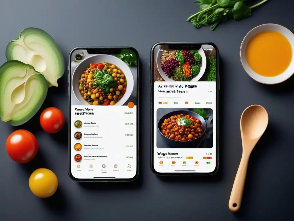 Una app vegana innovadora con platos coloridos y técnicas creativas en un smartphone moderno en una cocina minimalista