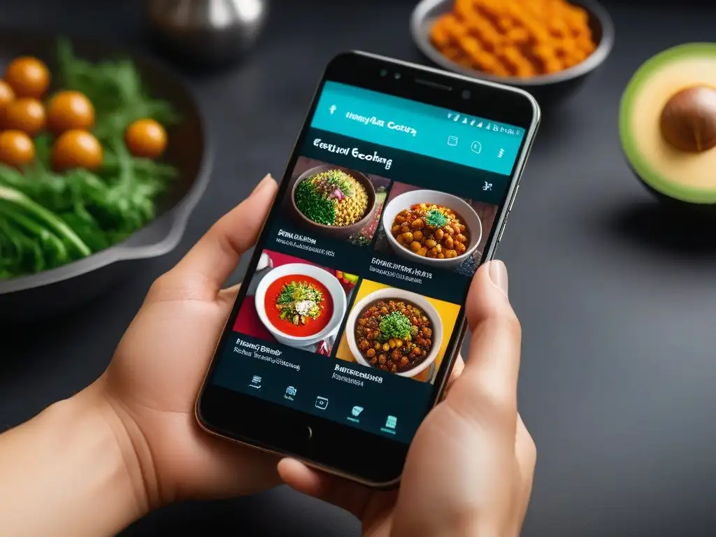 Descubre apps para foodies veganos en un smartphone con recetas e ingredientes frescos en una cocina moderna