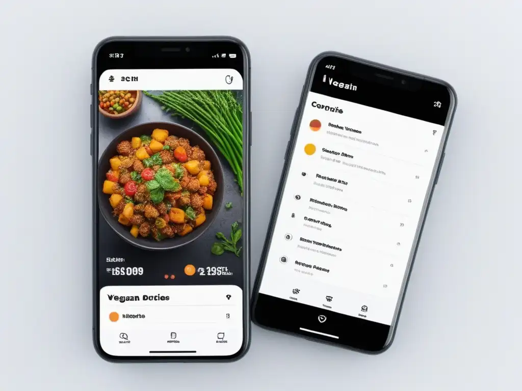 Descubre apps para foodies veganos: interfaz vibrante de entrega de comida y recetas sofisticadas en un ambiente culinario moderno