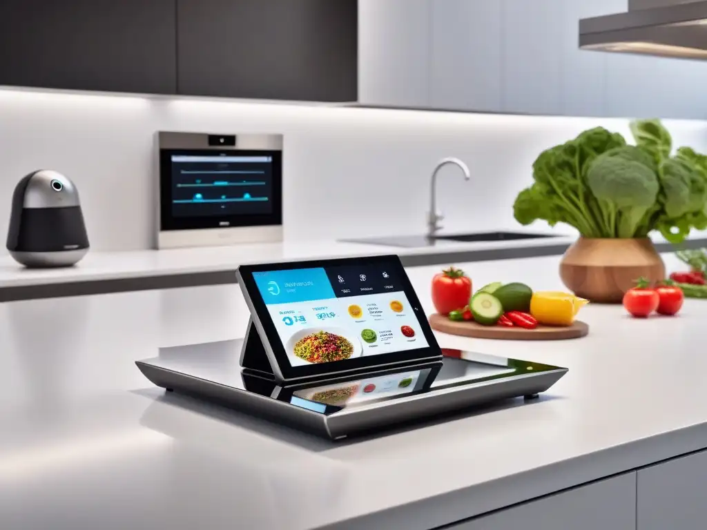 Descargar apps recetas veganas en una cocina moderna y tecnológica con tablet, altavoz inteligente y smartphone