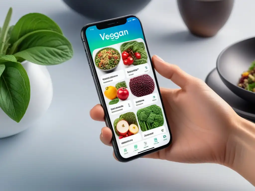 Descubre las Apps revolucionarias dieta vegana personalizada en un smartphone futurista con interfaces vibrantes y funcionales