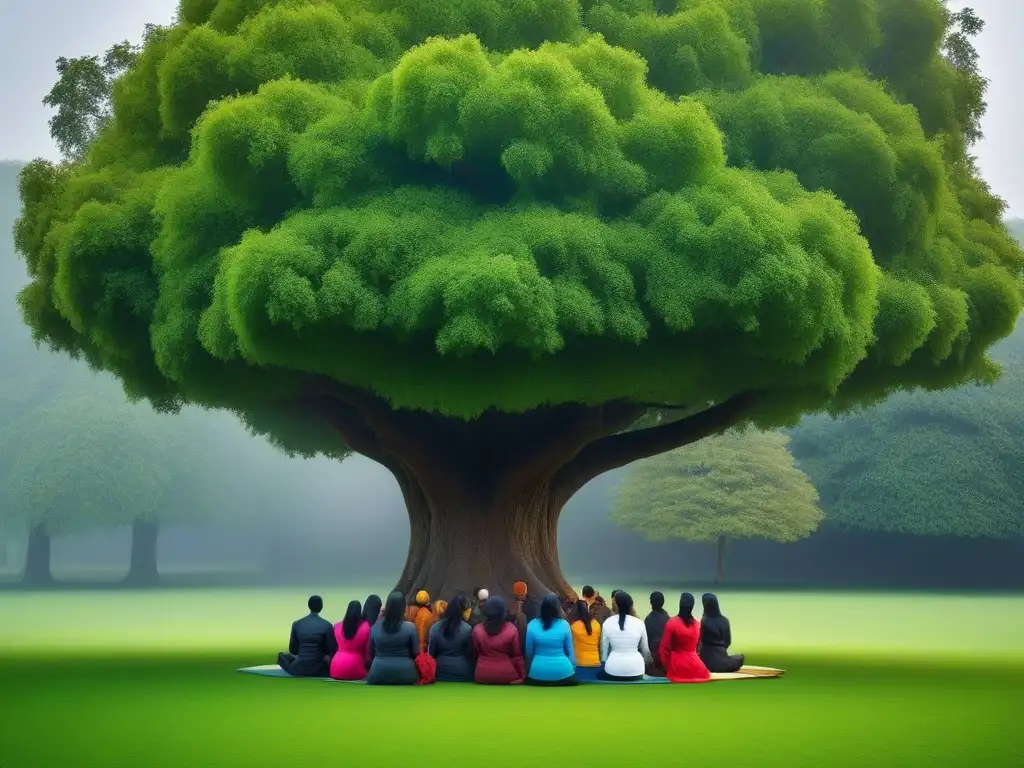 Un árbol vibrante simboliza valores éticos y conocimiento, rodeado de personas diversas sosteniendo libros