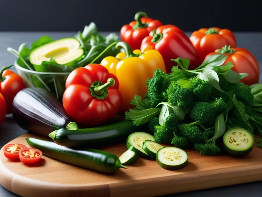 Un arcoíris de vegetales recién cortados en tabla moderna