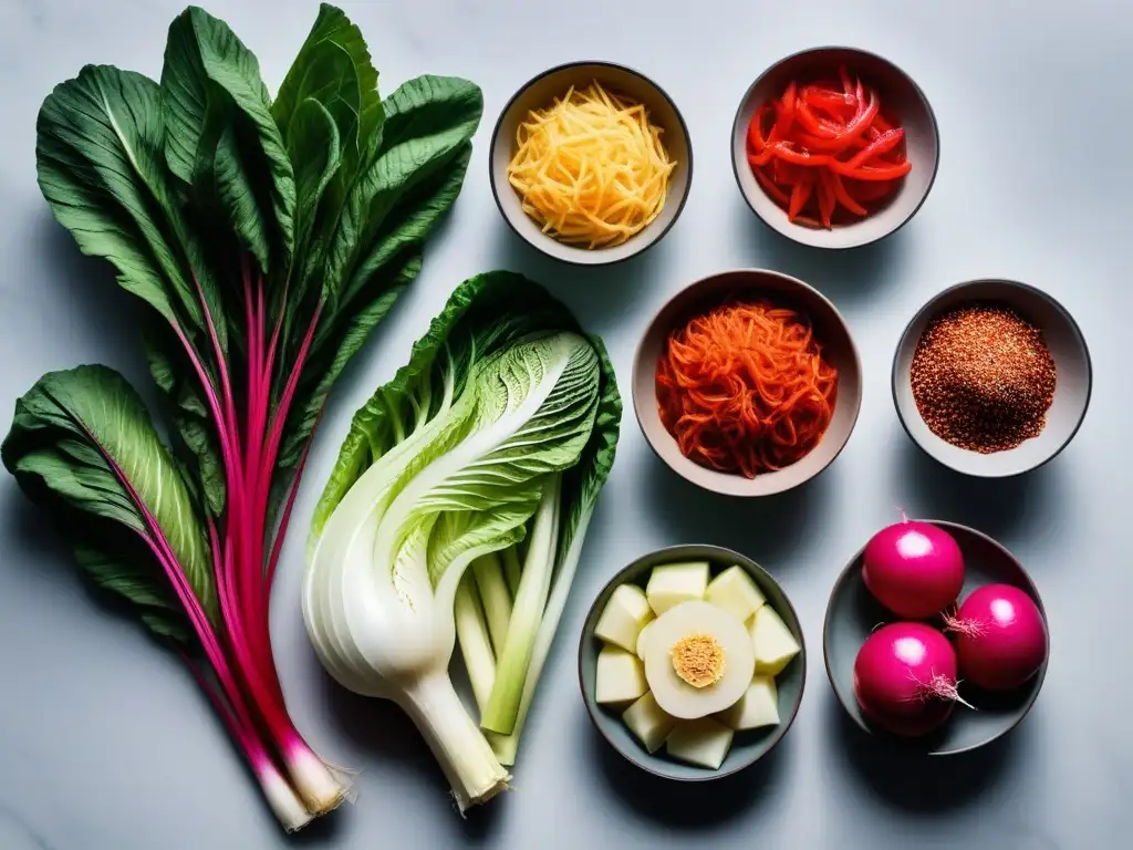 Un arcoíris de ingredientes frescos para la preparación de kimchi vegano en una cocina minimalista