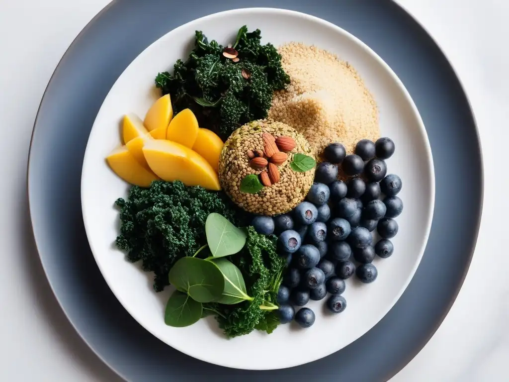 Un arcoíris de superfoods veganos para combatir estrés: arándanos, kale, quinoa, chía y almendras en un elegante plato blanco, iluminados naturalmente