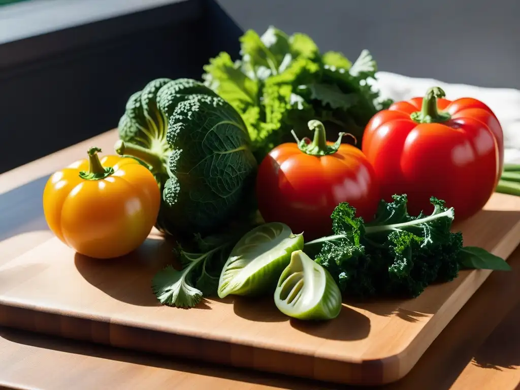 Un arcoíris de vegetales frescos sobre tabla de madera