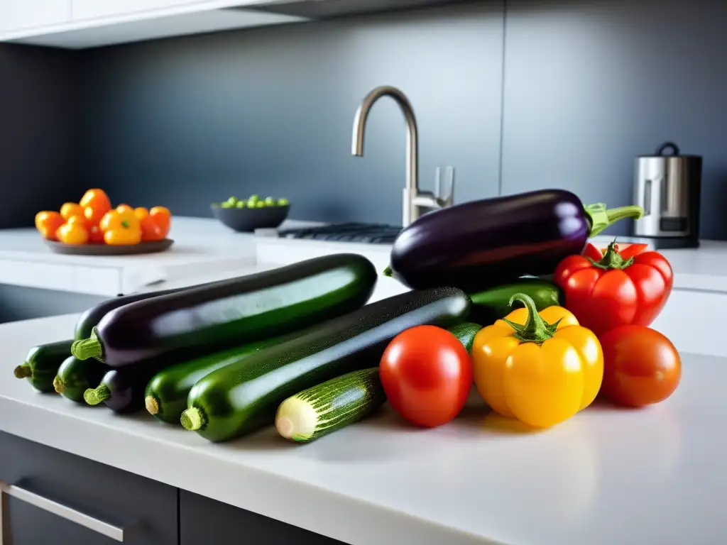 Un arcoíris de verduras frescas en una cocina moderna invita a explorar recetas veganas sin aceite