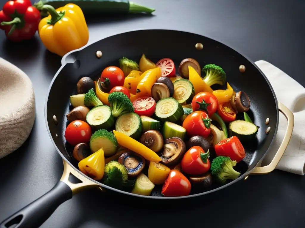 Un arcoíris de verduras frescas cocinadas sin aceite en sartén, evocando salud y sabor