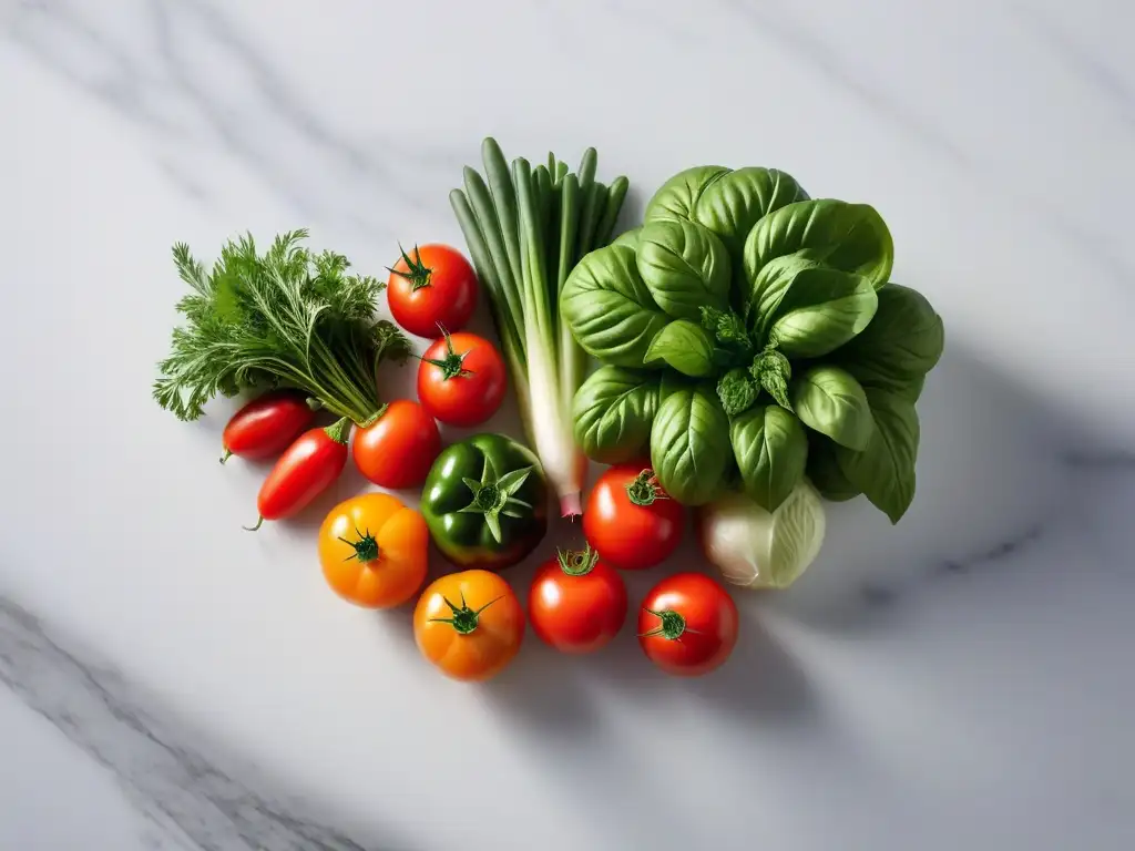 Un arcoíris de verduras frescas y hierbas sobre mármol blanco