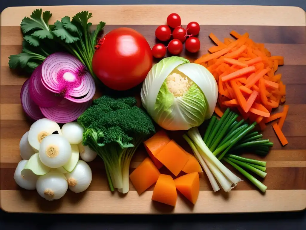 Un arcoíris de verduras recién cortadas sobre tabla de madera, listas para la fermentación casera de kimchi vegano